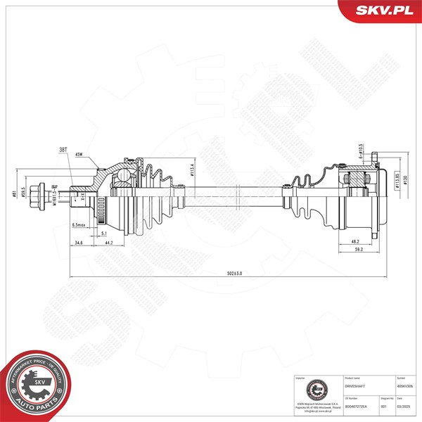 Drivaxel, framaxel höger, framaxel vänster Esen skv 40SKV306 ESEN SKV