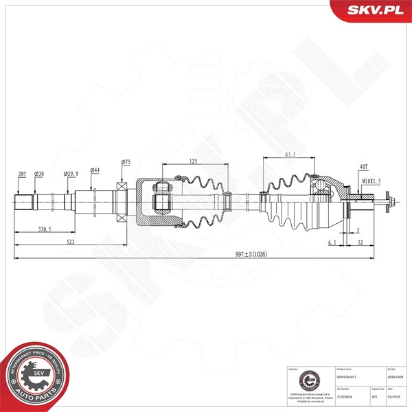 Drivaxel, framaxel höger Esen skv 40SKV308 ESEN SKV