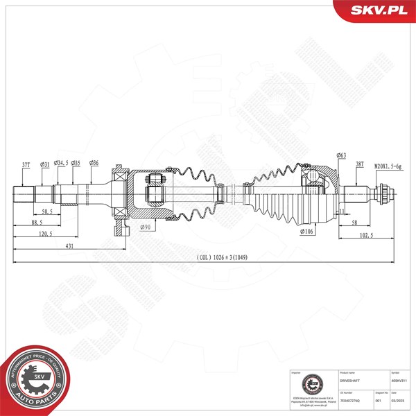Drivaxel, framaxel höger Esen skv 40SKV311 ESEN SKV