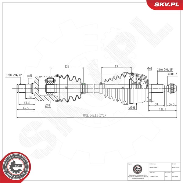 Drivaxel, framaxel v�änster Esen skv 40SKV312 ESEN SKV