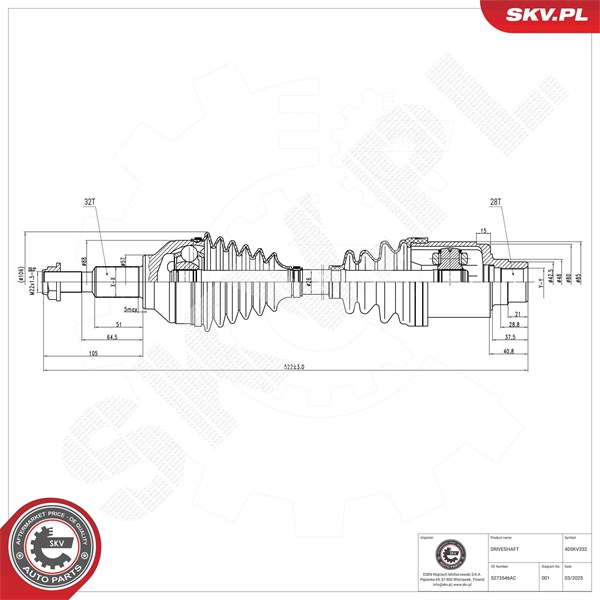 Drivaxel, framaxel höger Esen skv 40SKV332 ESEN SKV