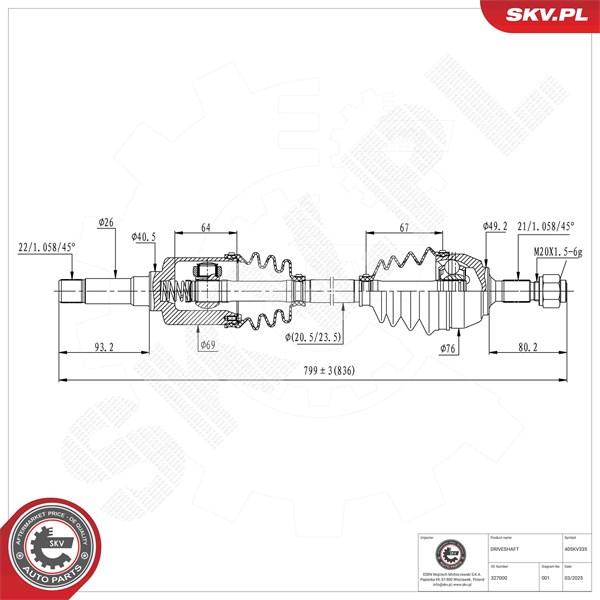 Drivaxel, framaxel höger Esen skv 40SKV335 ESEN SKV