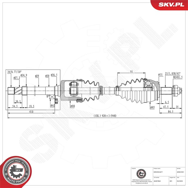Drivaxel, framaxel höger Esen skv 40SKV351 ESEN SKV