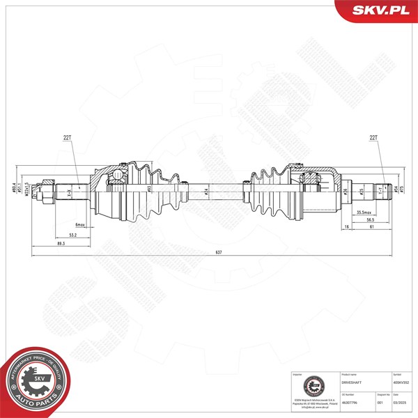Drivaxel, framaxel vänster Esen skv 40SKV352 ESEN SKV