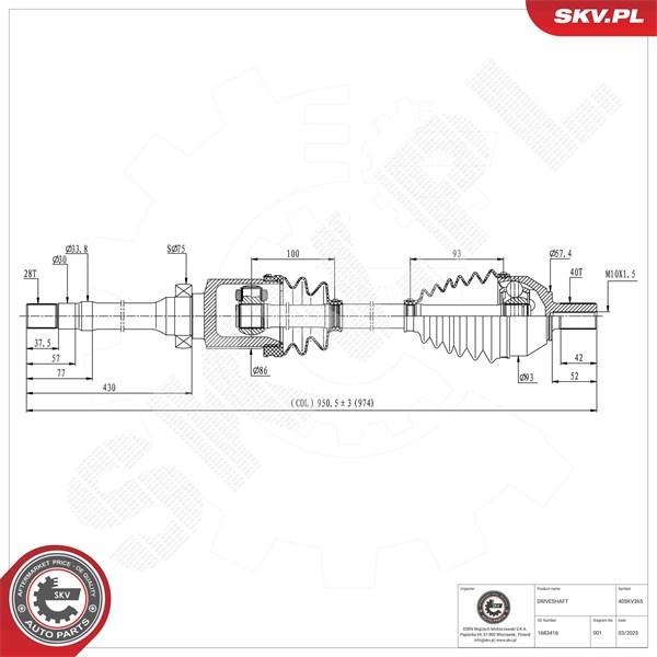 Drivaxel, framaxel höger Esen skv 40SKV365 ESEN SKV Drivaxel, framaxel höger Esen skv 40SKV365 ESEN SKV