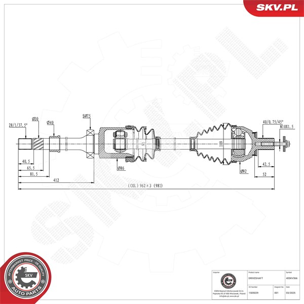 Drivaxel, framaxel höger Esen skv 40SKV366 ESEN SKV