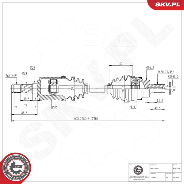 Drivaxel, Bakaxel höger, Bakaxel vänster Esen skv 40SKV368 ESEN SKV Drivaxel, Bakaxel höger, Bakaxel vänster Esen skv 40SKV368 ESEN SKV