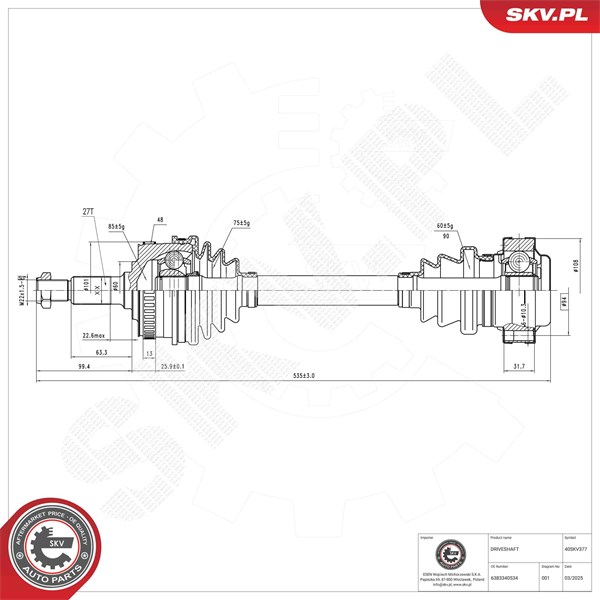 Drivaxel, framaxel höger, framaxel vänster Esen skv 40SKV377 ESEN SKV