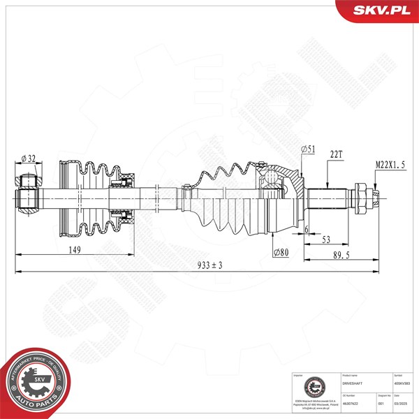 Drivaxel, framaxel höger Esen skv 40SKV383 ESEN SKV