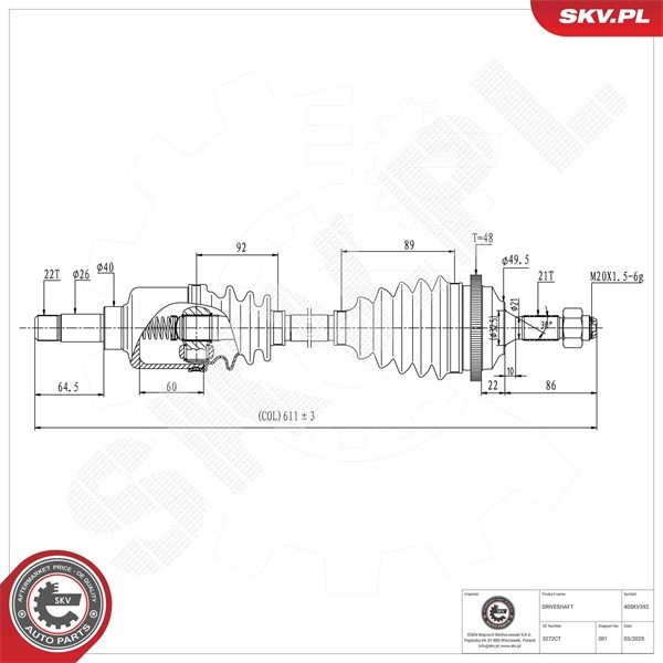 Drivaxel, framaxel vänster Esen skv 40SKV392 ESEN SKV