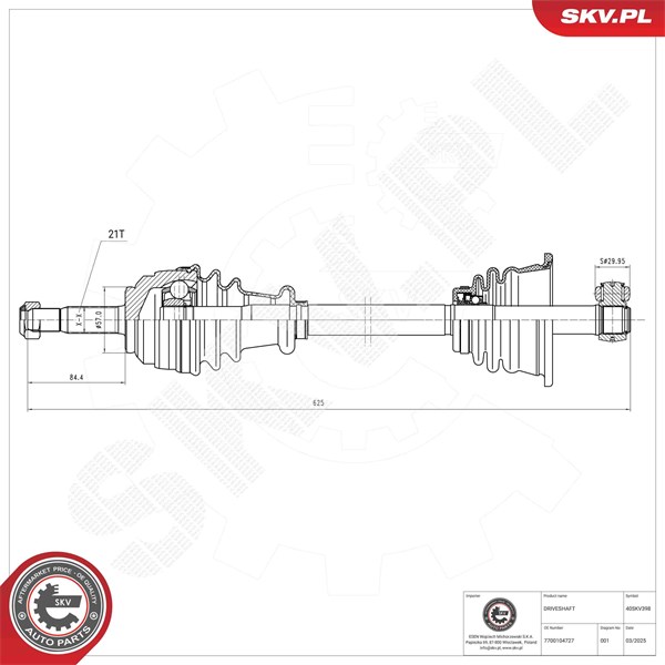 Drivaxel, framaxel vänster Esen skv 40SKV398 ESEN SKV