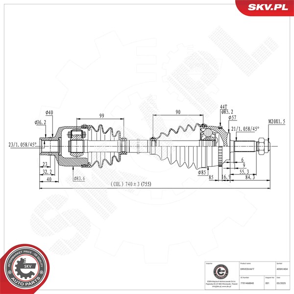 Drivaxel, framaxel höger Esen skv 40SKV404 ESEN SKV Drivaxel, framaxel höger Esen skv 40SKV404 ESEN SKV