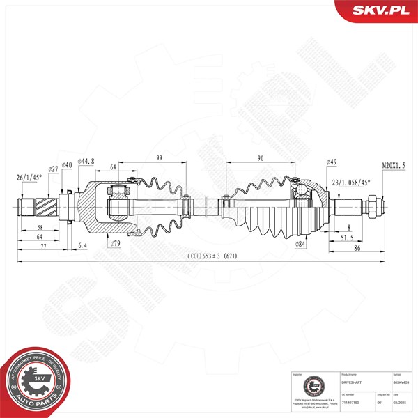 Drivaxel, framaxel vänster Esen skv 40SKV405 ESEN SKV