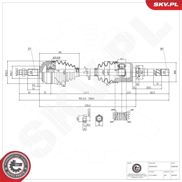 Drivaxel, framaxel höger Esen skv 40SKV407 ESEN SKV