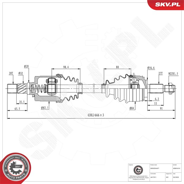 Drivaxel, framaxel vänster Esen skv 40SKV414 ESEN SKV