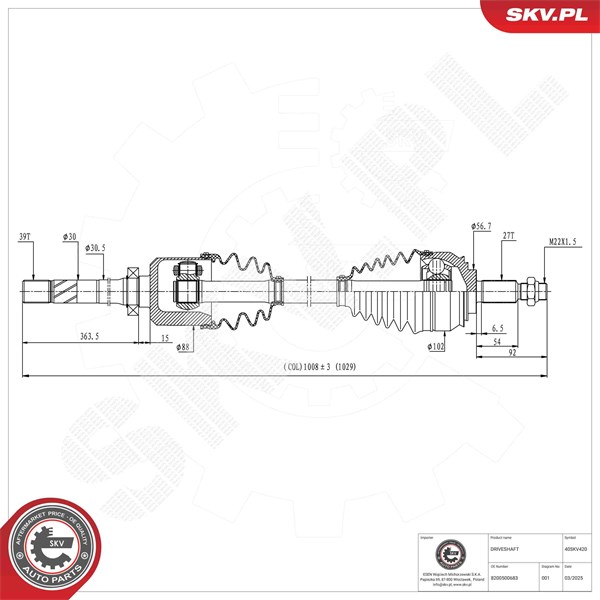 Drivaxel, framaxel höger Esen skv 40SKV420 ESEN SKV