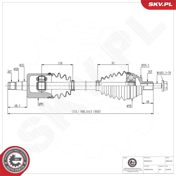 Drivaxel, framaxel höger Esen skv 40SKV432 ESEN SKV