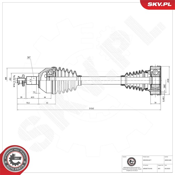 Drivaxel, framaxel vänster Esen skv 40SKV440 ESEN SKV