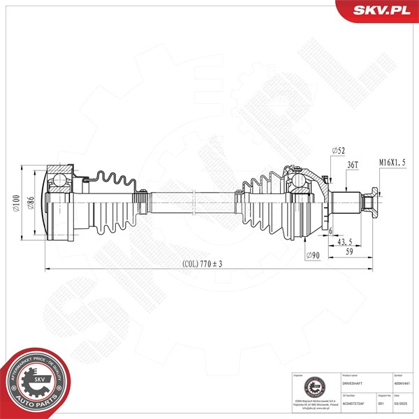 Drivaxel, framaxel höger Esen skv 40SKV441 ESEN SKV