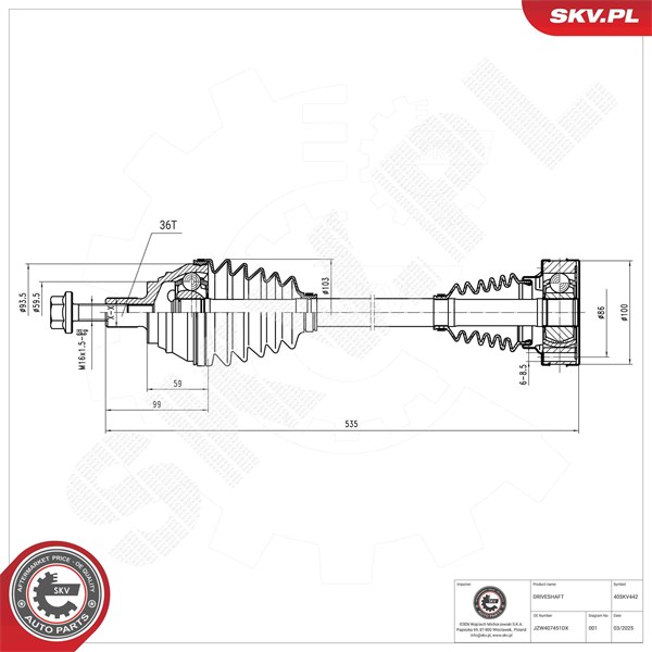 Drivaxel, framaxel vänster Esen skv 40SKV442 ESEN SKV