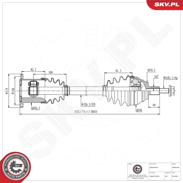 Drivaxel, framaxel höger Esen skv 40SKV443 ESEN SKV