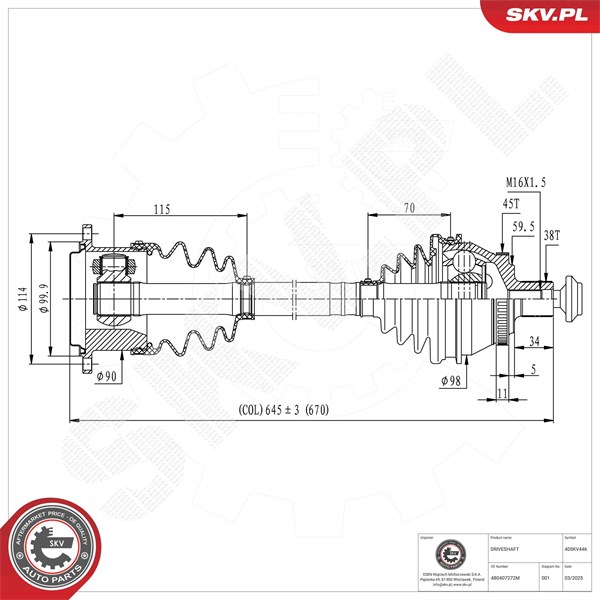 Drivaxel, framaxel höger Esen skv 40SKV446 ESEN SKV
