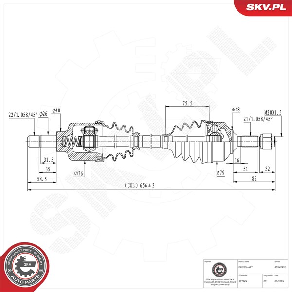 Drivaxel, framaxel vänster Esen skv 40SKV452 ESEN SKV