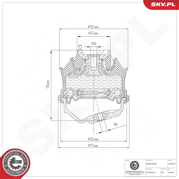 Motorkudde, Fram, Höger fram, Höger, Vänster Esen skv 75SKV168 ESEN SKV Motorkudde, Fram, Höger fram, Höger, Vänster Esen skv 75SKV168 ESEN SKV