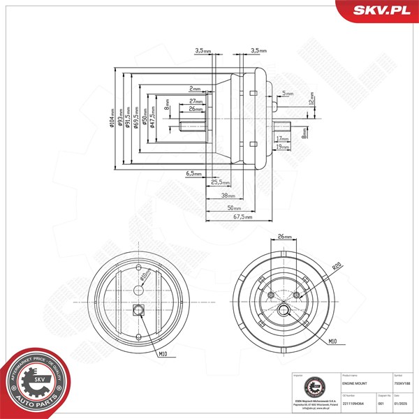 Motorkudde, Tvåsidig, Höger, Vänster Esen skv 75SKV188 ESEN SKV Motorkudde, Tvåsidig, Höger, Vänster Esen skv 75SKV188 ESEN SKV