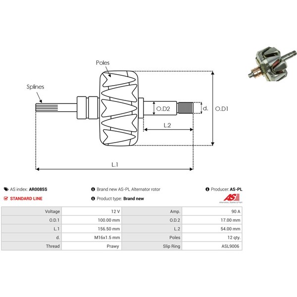 Rotor, generator 12V 90A AS-PL gul AS-PL