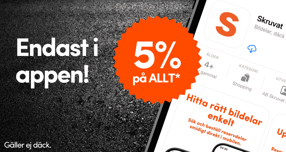 Banner för Skruvats app – allt för bilen direkt i mobilen. Ladda ner via App Store eller QR-kod