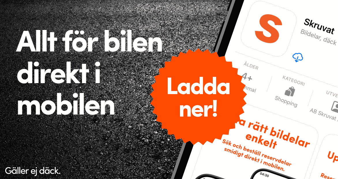 Banner för Skruvats app – allt för bilen direkt i mobilen. Ladda ner via App Store eller QR-kod
