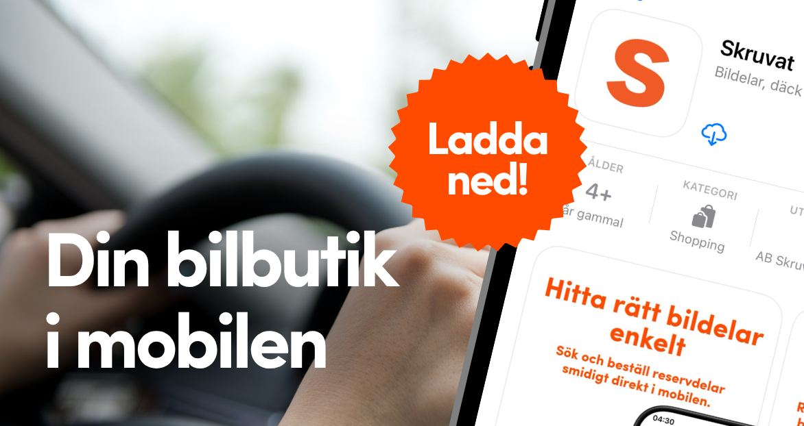 Banner för Skruvats app – allt för bilen direkt i mobilen. Ladda ner via App Store eller QR-kod