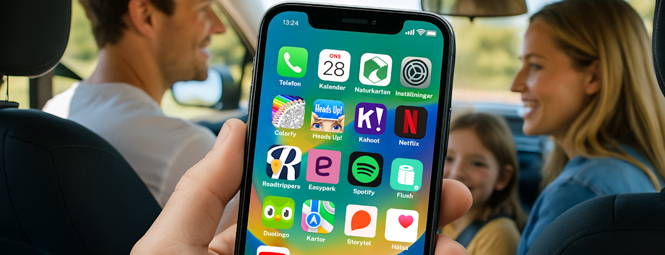 Smartphone med reseappar i bilens framsäte – familj i bakgrunden redo för bilresa med underhållning och planeringsverktyg.