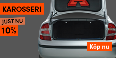Baklucka på bil som är öppen, med varningstriangel och texten "Karosseri – Just nu 10 % rabatt", samt en orange "Köp nu"-knapp.