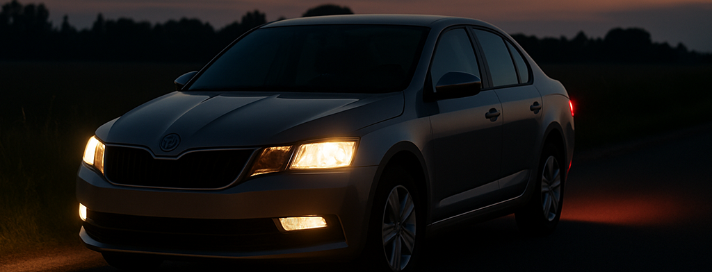 En silverfärgad personbil med tända strålkastare och parkeringsljus står på en landsväg i skymningen.