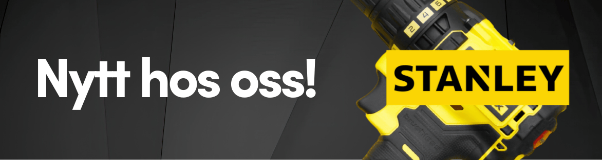 Texten "Nytt hos oss" med en bild på en skruvdragare och en logga för märket "Stanley"